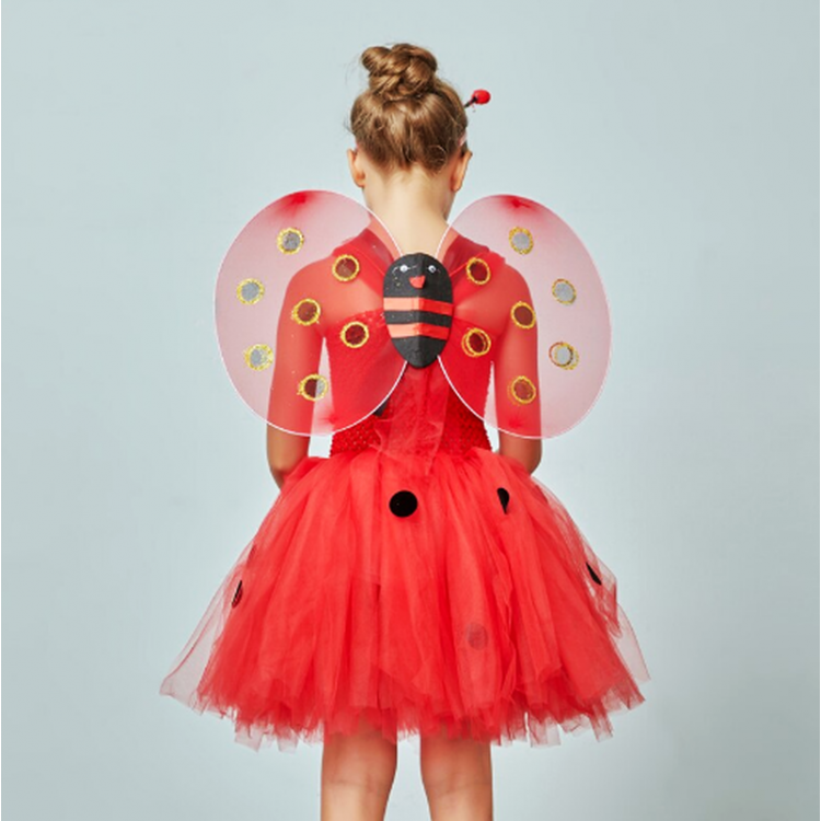Red Color Ladybug Wing Skirt, Crown and Stick Costume Set of 4