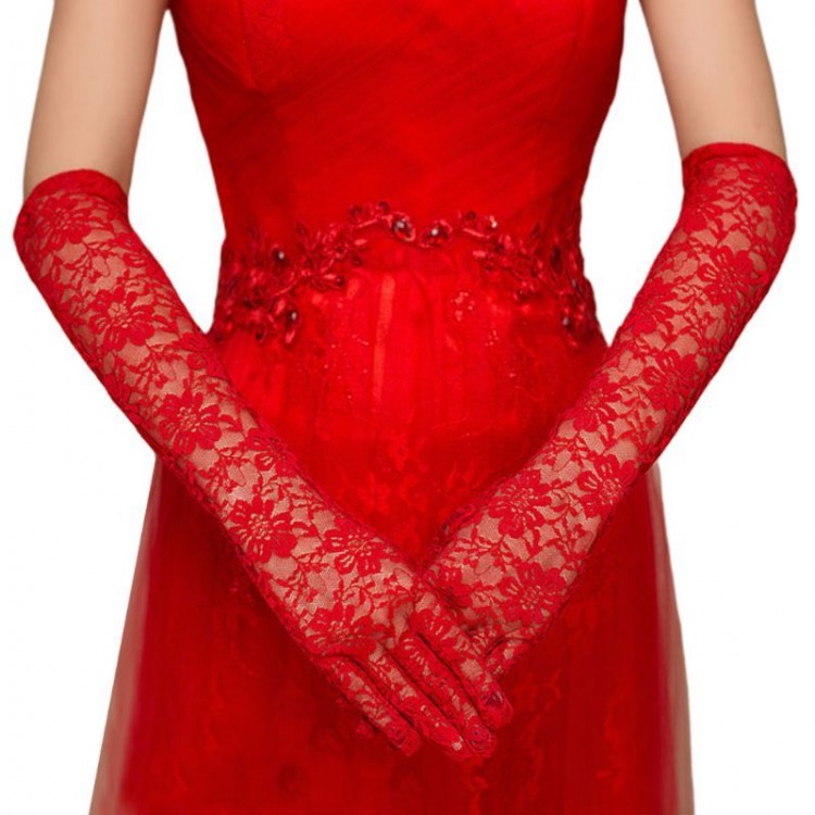 Red Color Long Length Lacy Gloves