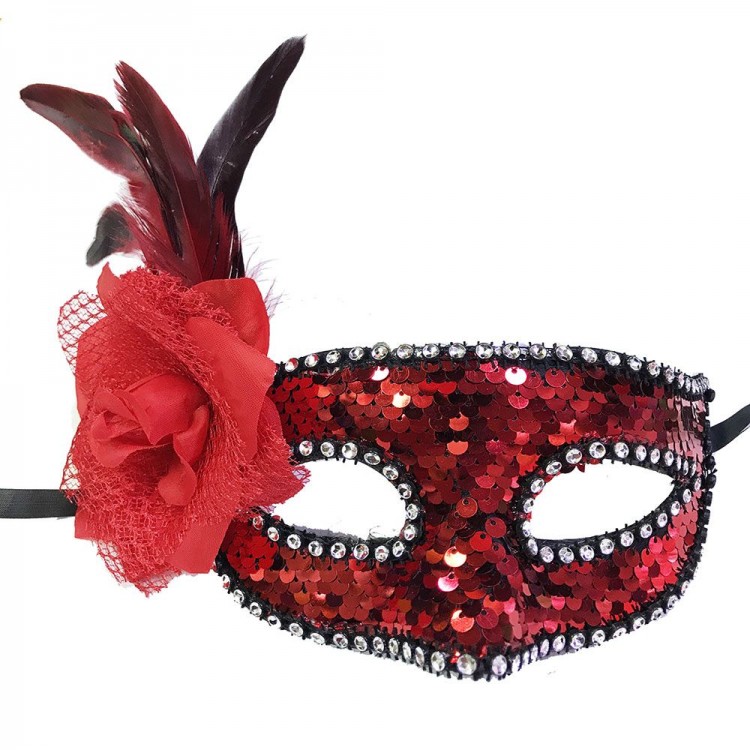 Red Color Side Feathered Sequin New Year's Party Mask