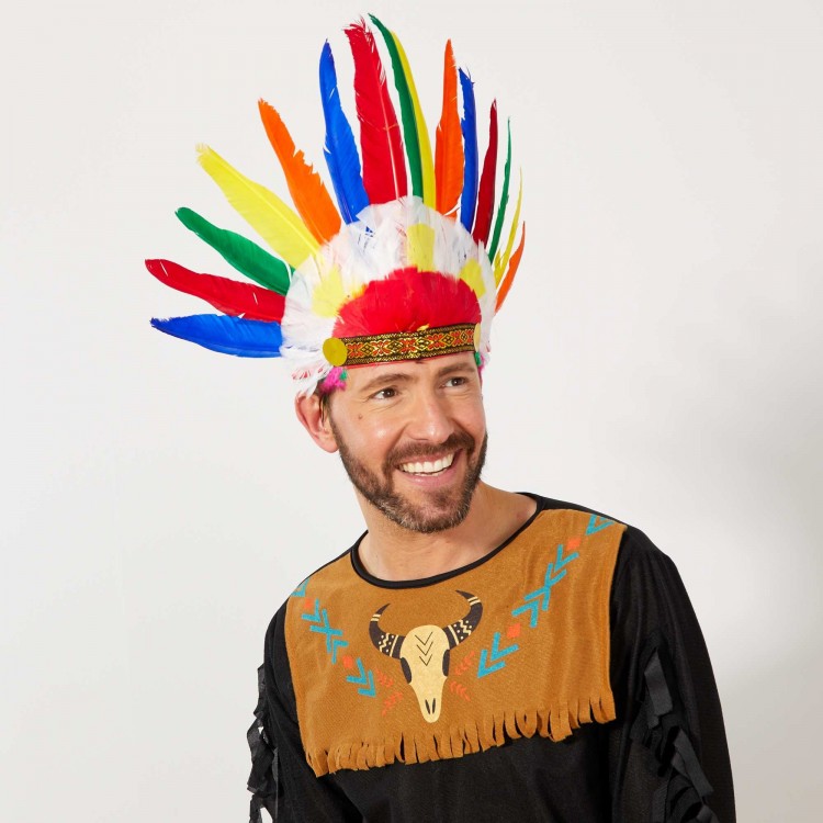 Native American Headdress with Colorful Real Feathers and Rubber Attachment