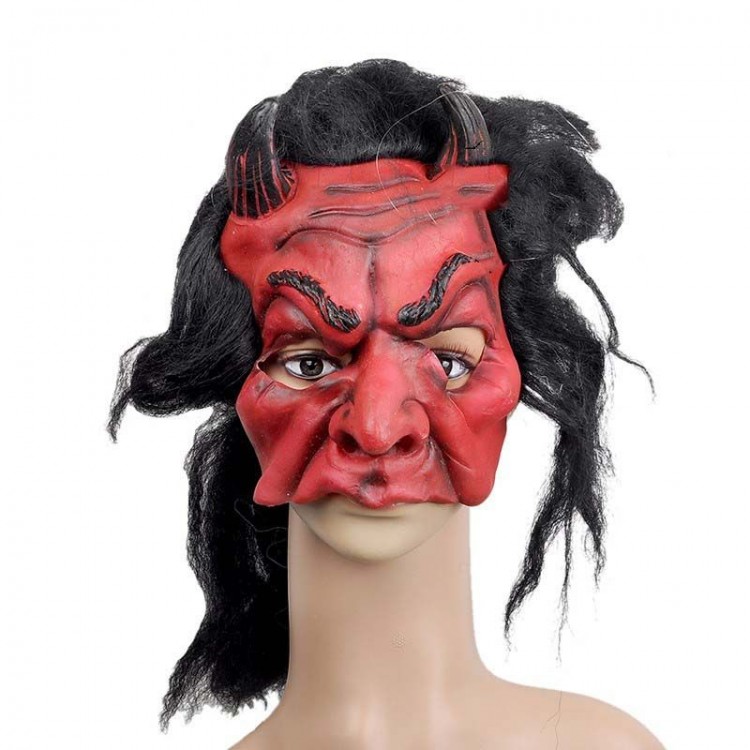 Latex Horror Mask with Devil Horns Red Mask with Hair