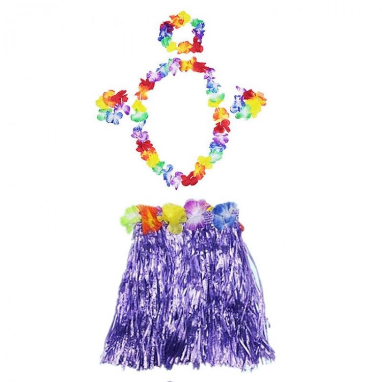 Luau Aloha Hawaiian Necklace Skirt Crown and BraceletSet Purple