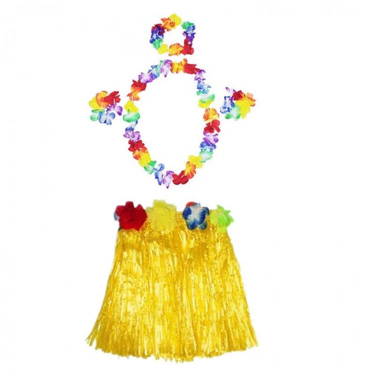 Luau Aloha Hawaiian Necklace 50 cm Skirt Crownand Bracelet Set Yellow