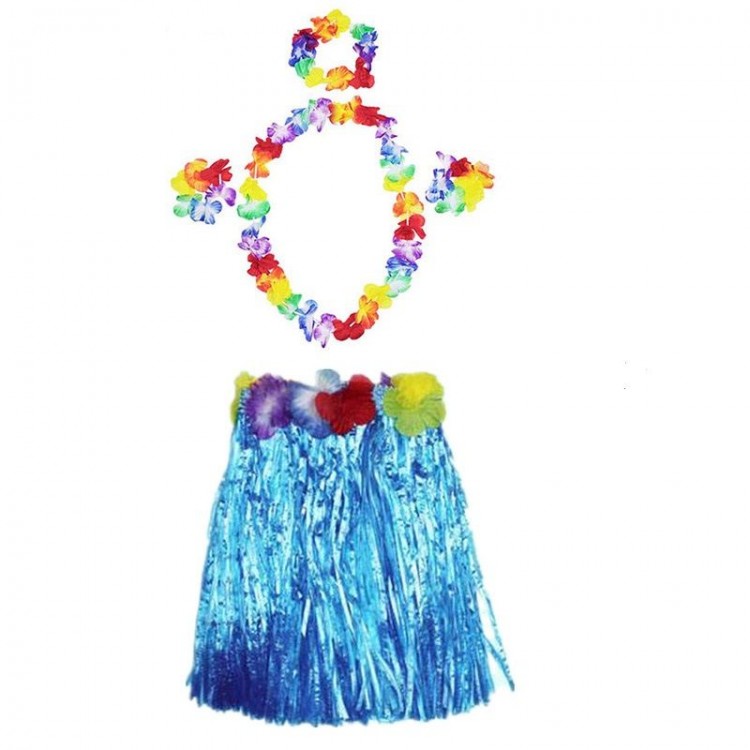 Luau Aloha Hawaiian Party Skirt Crown and BraceletSet Blue