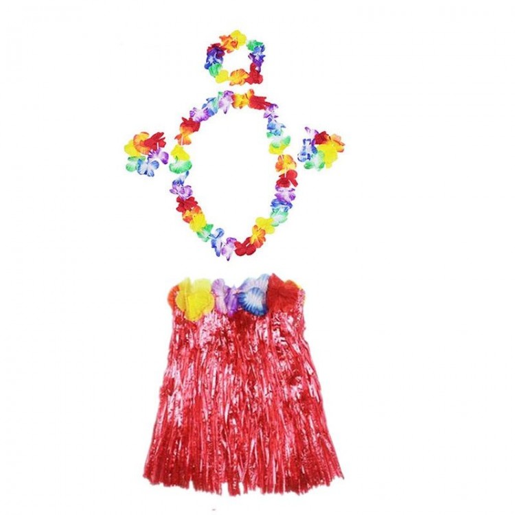 Luau Aloha Hawaiian Necklace Skirt Crown and BraceletSet Red