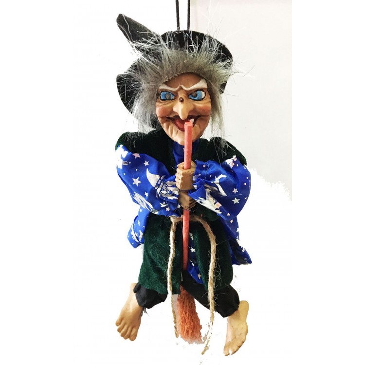 Shapeable Decorative Witch in Blue Dress with Hanging Device, Sound, Light and Sensor 25 cm