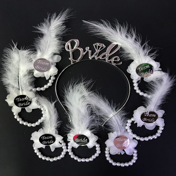 Metal Bride Crown and Pearl Bridesmaid Bracelet Silver7 Pieces with White Otriche with Color Plexiglass