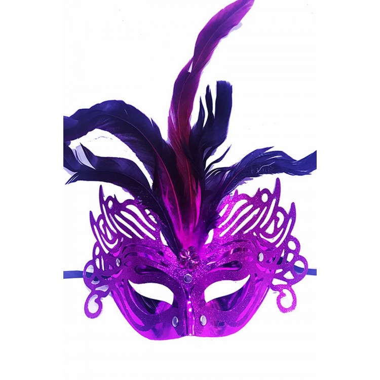 Luxury Venetian Party Prom Mask with Metallized Fuchsia Color Feathers