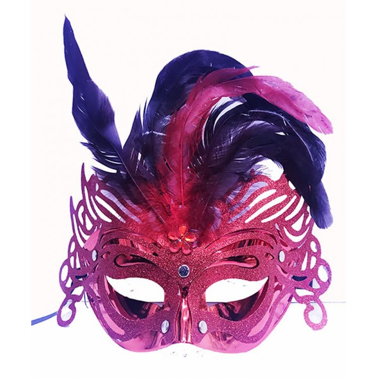 Metallized Red Color Feathered Luxury Venetian Party Prom Mask