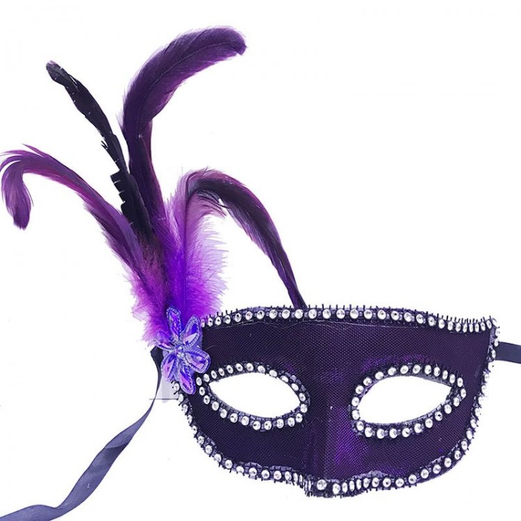 Purple Color Fabric Covered New Year Party Mask with Feathers on the Side