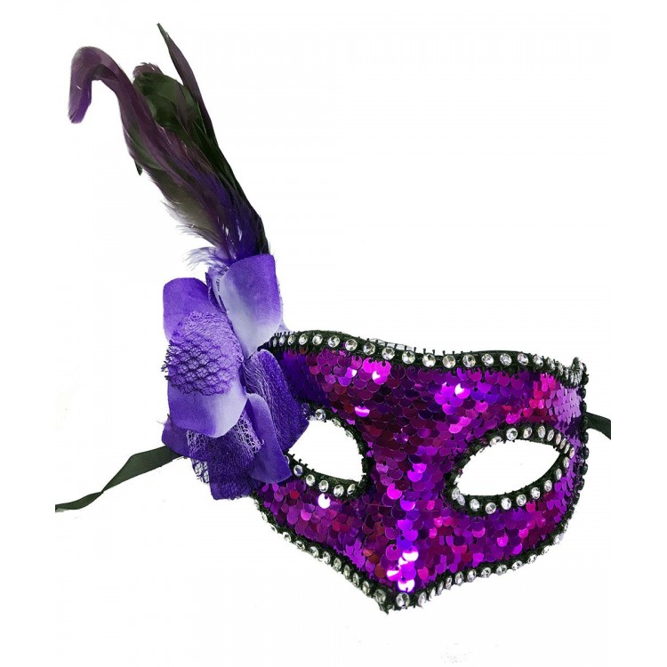 Purple Color Side Feathered Sequin New Year's Party Mask