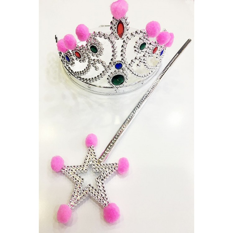 Silver Princess Crown with Pink Pompom and Silver Princess Scepter