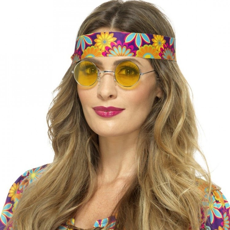 Round Glass John Lennon Style Hippie Silver Framed Yellow Glasses