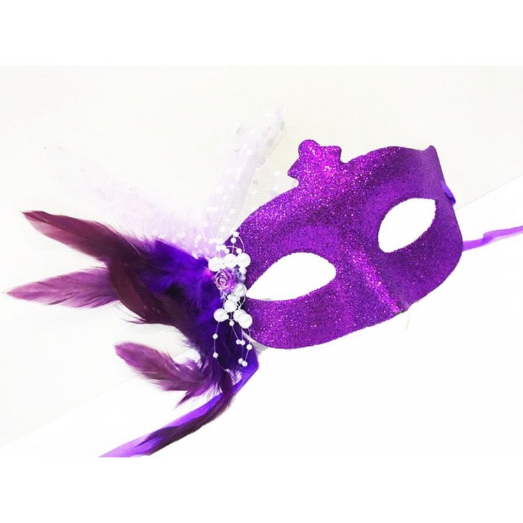 Glitter Embroidered Pearl Bead Detailed Feathered Ball Mask Purple Color 13x18 cm