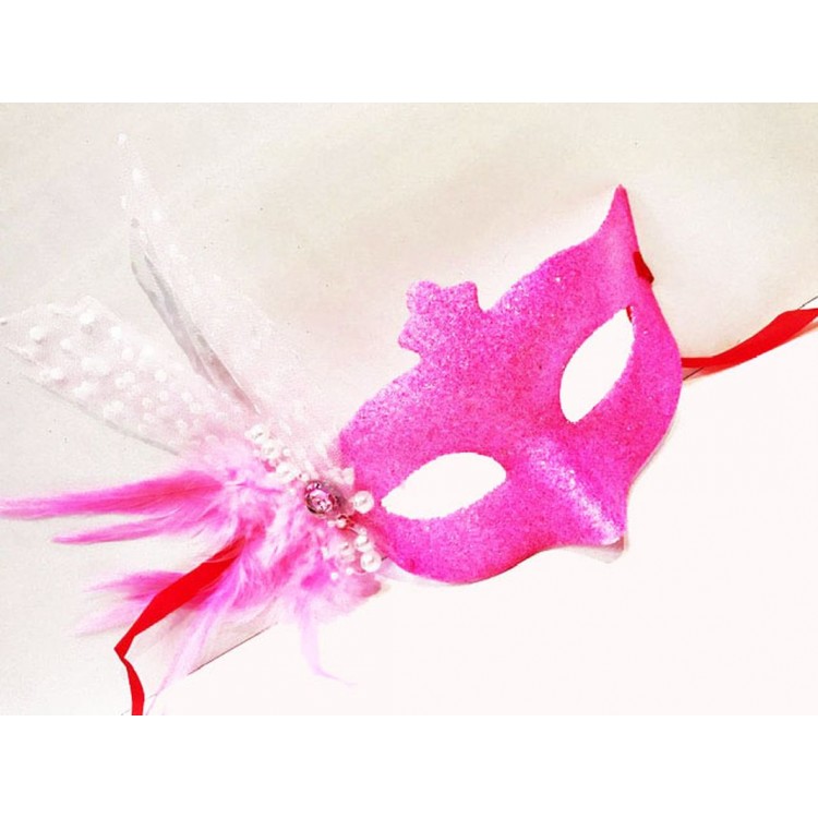 Glitter Embroidered Pearl Bead Detailed Feathered Ball Mask Pink Color 13x18 cm