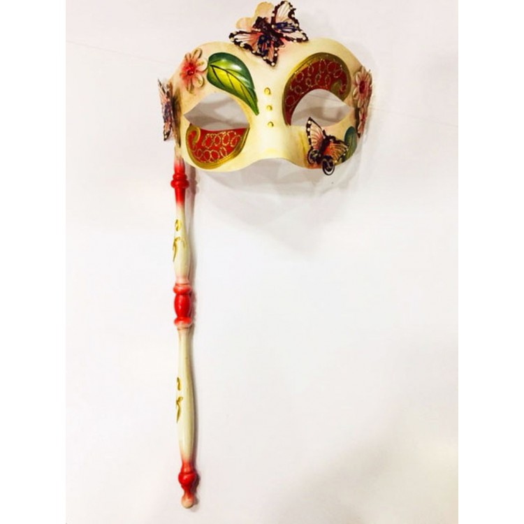 Red Color Embroidered Venetian Eye Mask with Handle 33x17 cm