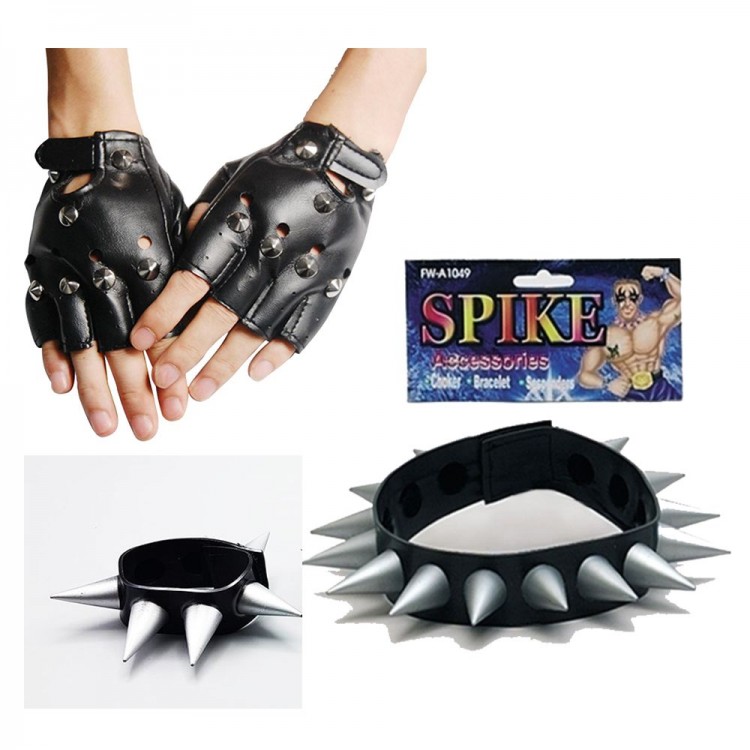Spike Punk Glove Punk Necklace and Punk Bracelet Set