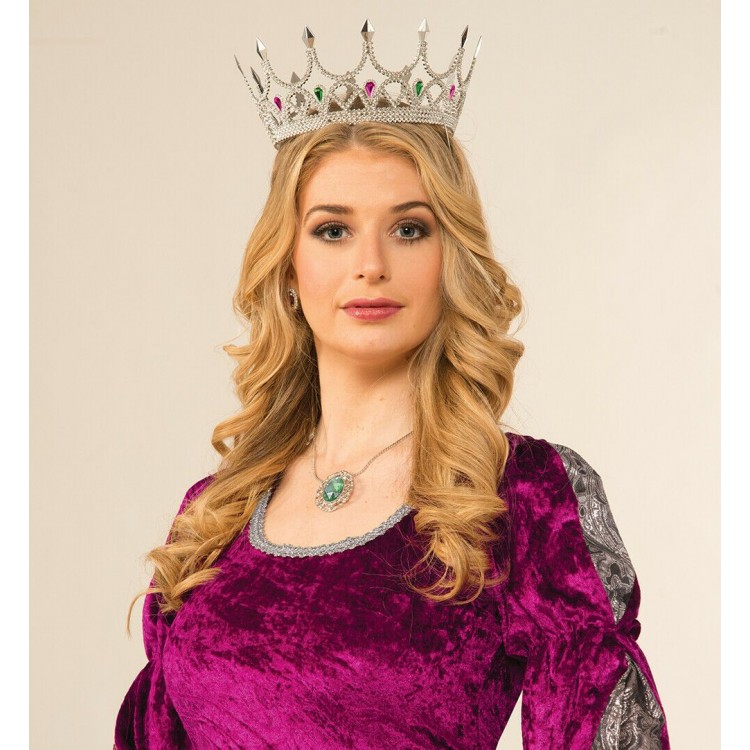 Royal Medieval Silver Queen Princess Crown with Stone Renaissance Costume