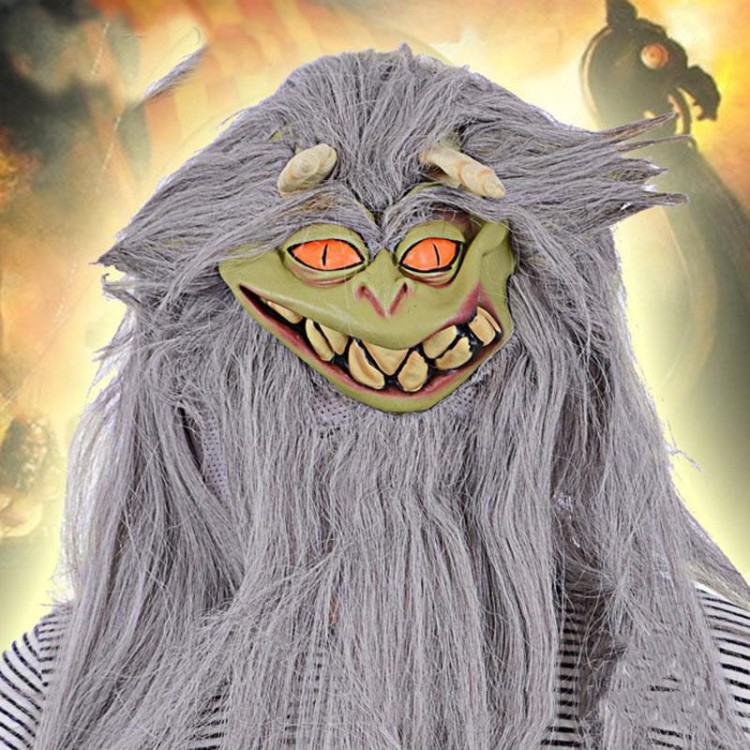 Latex Monster Mask with Long Gray Beard and Orange Eyes and Horns