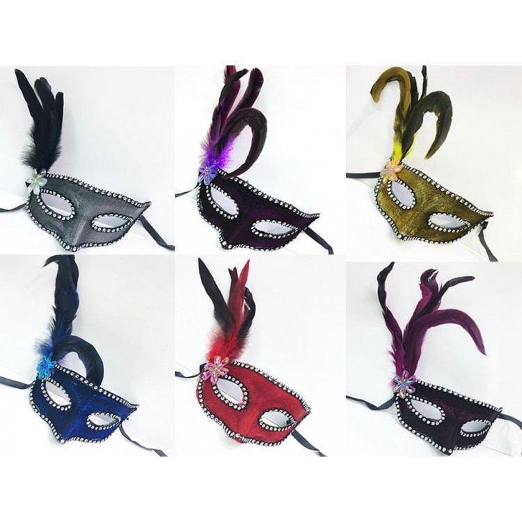 Side Feather Fabric Covered Venetian Mask Mixed Color 12 Pieces