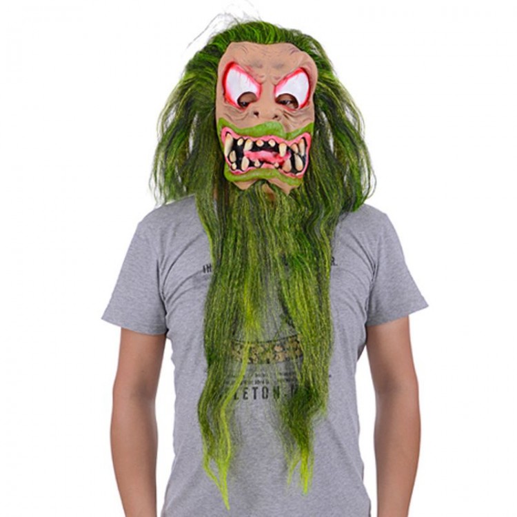 Latex Gear Horror Ghost Mask with Green Hair Beard Mustache