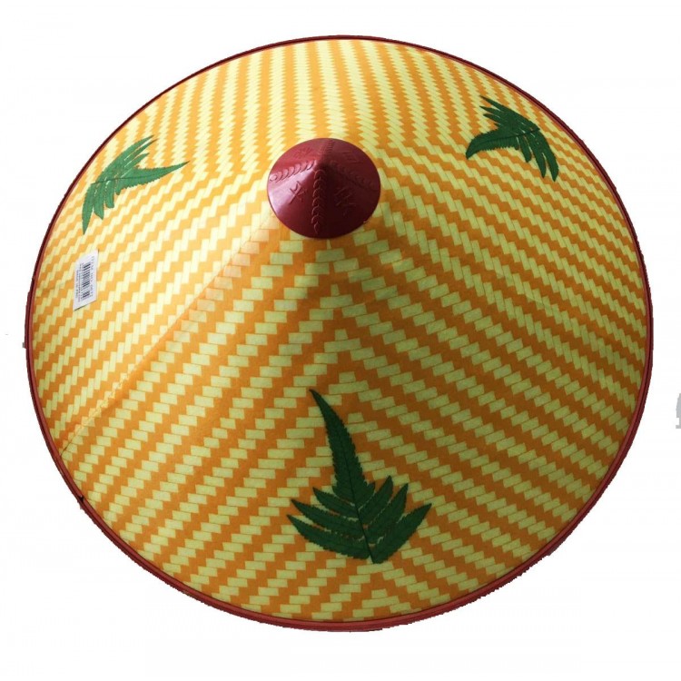 Satin Finish Yellow Vietnamese Hat with Green Leaves