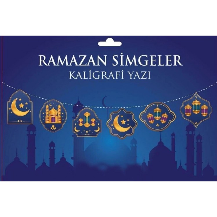 Mavi Üzeri Altın Renk Ramazan Koreografi Simgeler Banner Afiş 21x150 cm