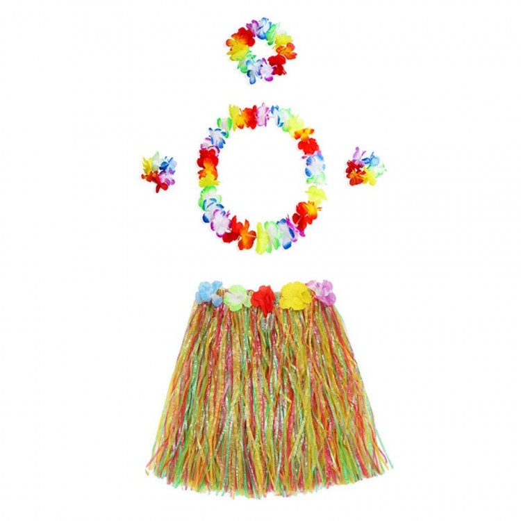 Adult and Child Compatible Luau Aloha Hawaiian NecklaceColorful Skirt Crown and Bracelet Set
