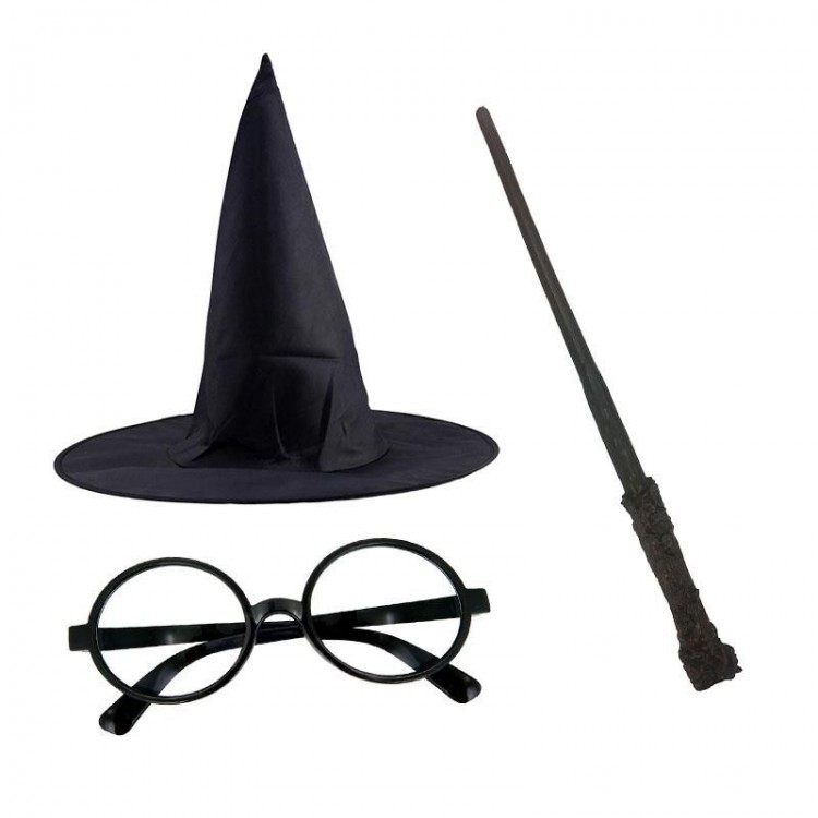 Harry Potter Black Hat, Harry Potter Glasses, Harry Potter Wand Set of 3