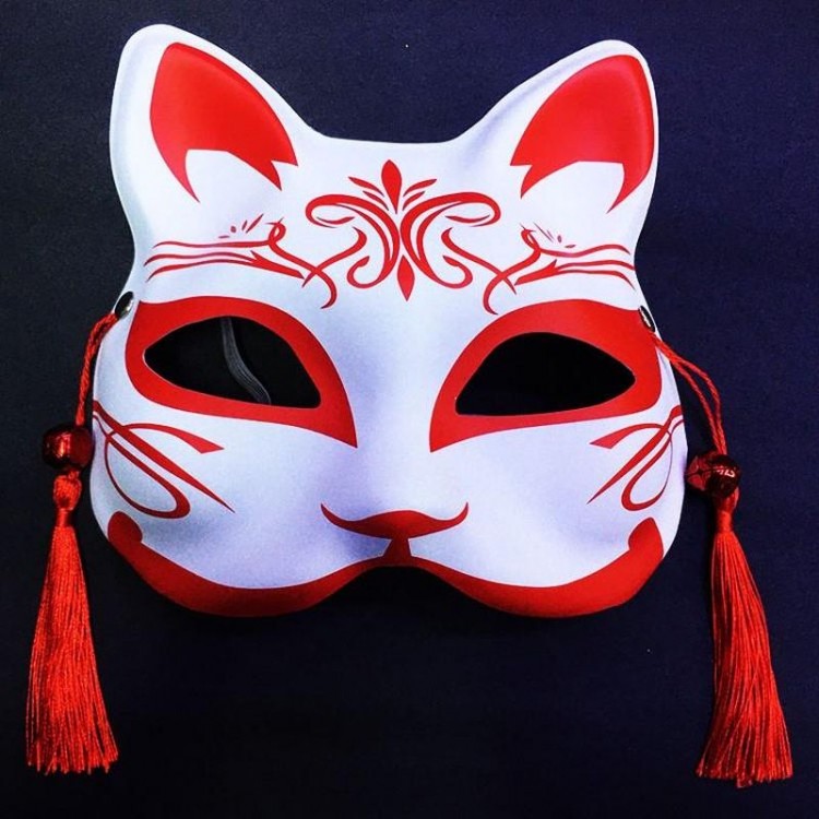 Red Color on White Plastic Cat Mask with Red Tassels and Beads Model 2