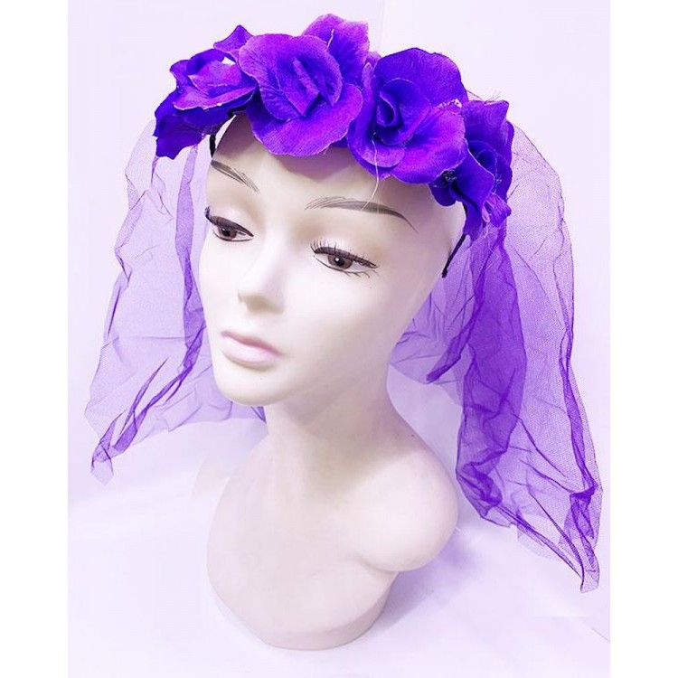 Party Crown with Long Veil and Purple Flowers
