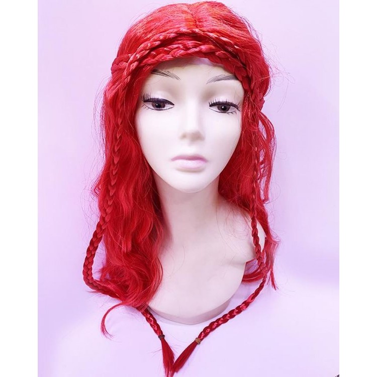 Red Color Lined Braided Helen Character Wig Fake HairPeruk