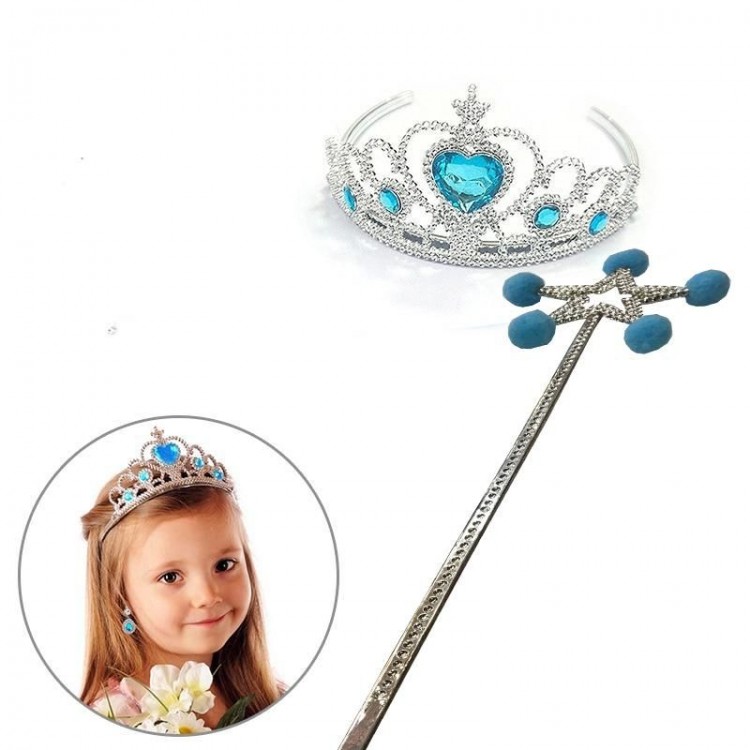 Frozen Elsa Wand with Blue Pompom and BlueElsa Crown with Heart Stone