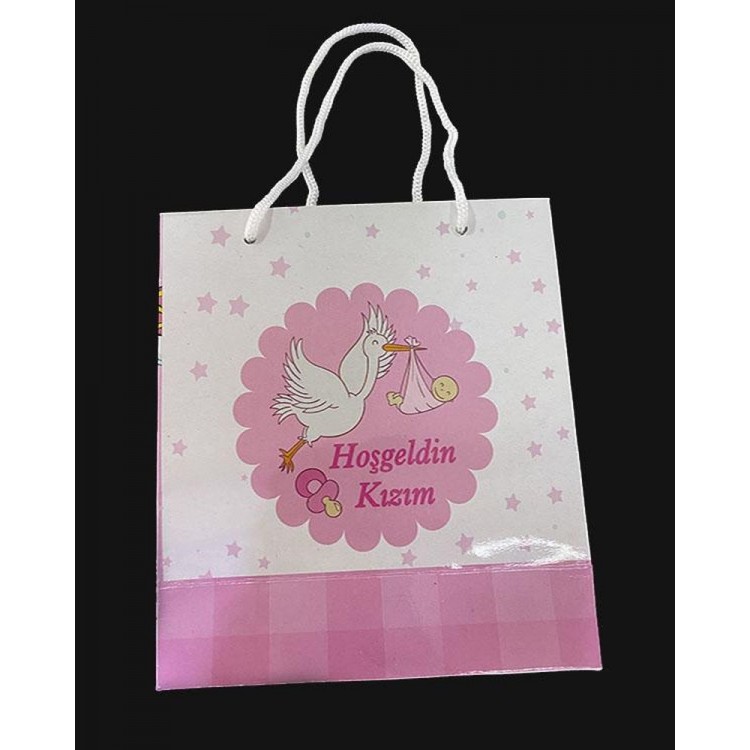 Welcome Daughter Written Stork Themed Gift Cardboard Bag14x17cm