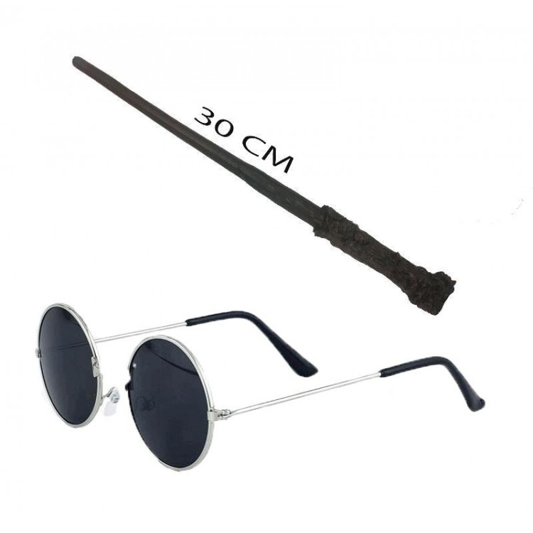 Harry Potter Wand 30 cm and Black MetalFramed Harry Potter Glasses Set