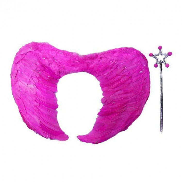 Foldable Children's Pink Angel Wing with Real Feathers andWand Set 40x55 cm