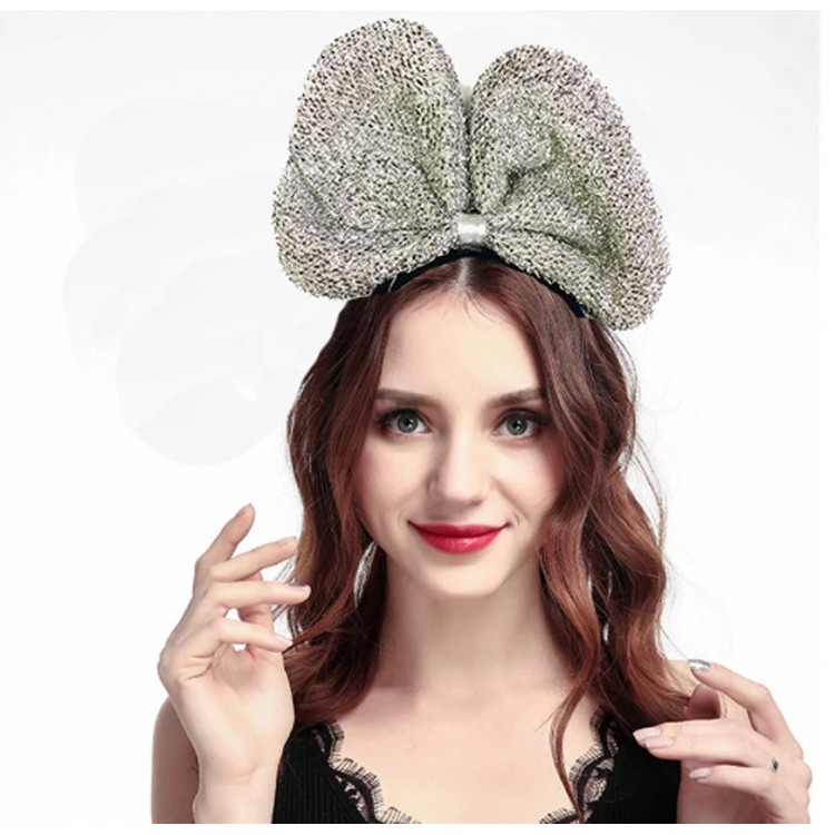Metallized Shiny Sequin Bow Ribbon Party Crown SilverColor 25x17cm