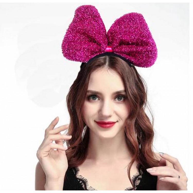 Metallized Shiny Sequin Bow Ribbon Party Crown FuchsiaColor 25x17cm