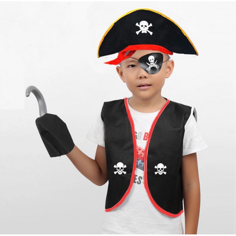 Korsan Yelek + Şapka + Kanca + Maske Çocuk Boy 7-9 Yaş