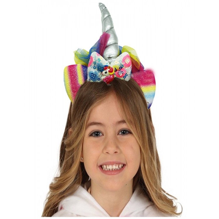 Gümüş Renk Boynuzlu Payetli Fiyonklu Unicorn Tacı 17x27 cm