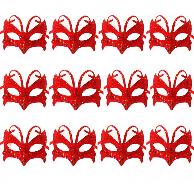 Red Color Back Tie Glitter Party Prom Mask 12Adet