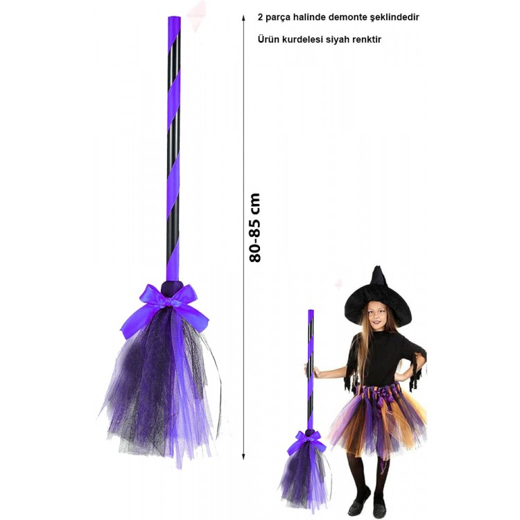 Mor Cadı Süpürgesi - Halloween Siyah Fiyonklu Tüllü Cadı Süpürgesi 80-85 cm