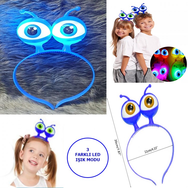 Led Işıklı & Pilli 3 Farklı Modda Yanan Uzaylı Göz Parti Tacı Mavi Renk 18x12 cm