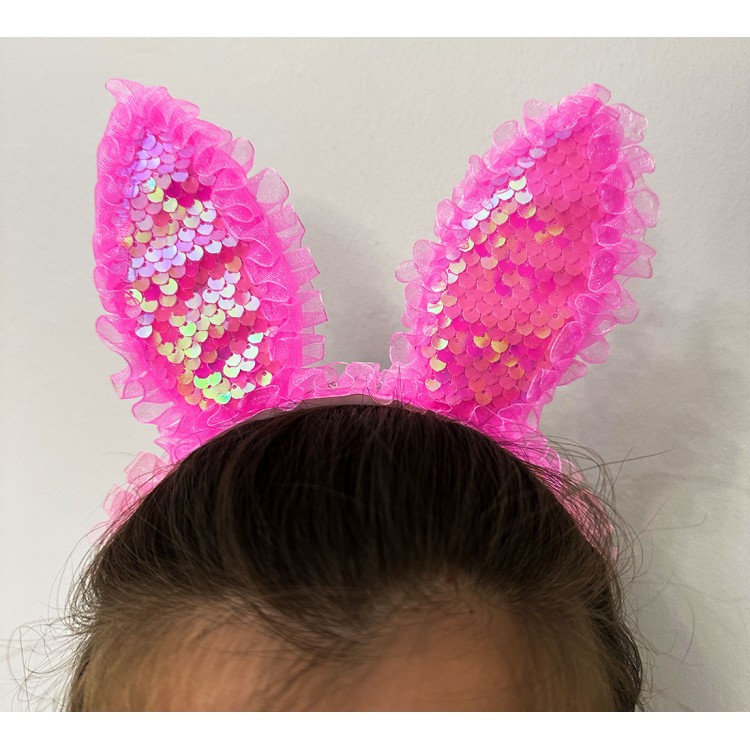 Fuchsia Sequined LED Lighted Rabbit Ear Crown with Ruched Edges 23x19 cm