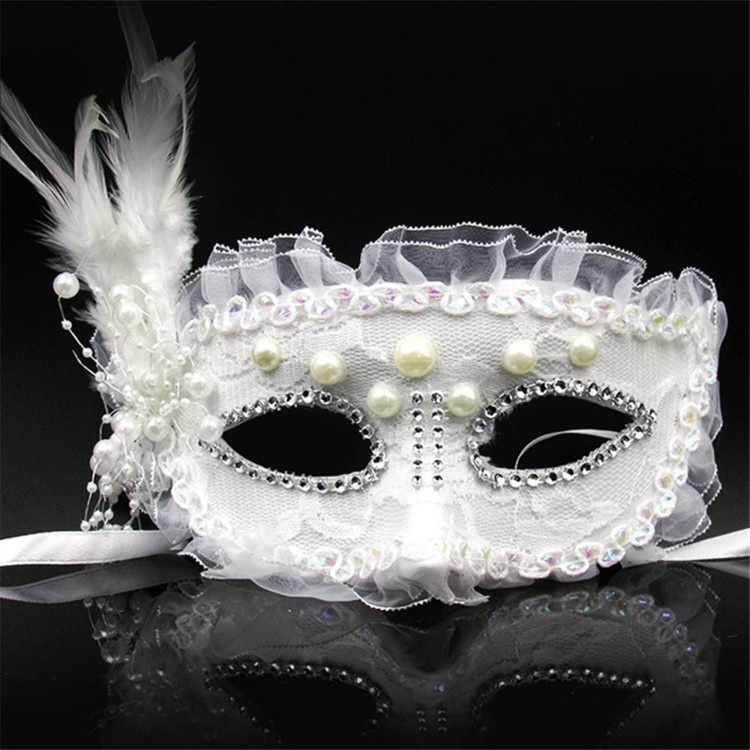 White Color Side Feather Pearl Embroidered Stone Lace Party Mask 17x12 cm