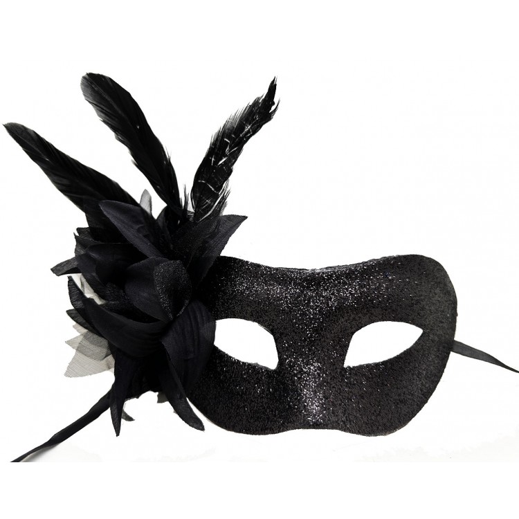 Black Color Metalized Glitter Appearance Shiny Feather Party Mask 22x19 cm