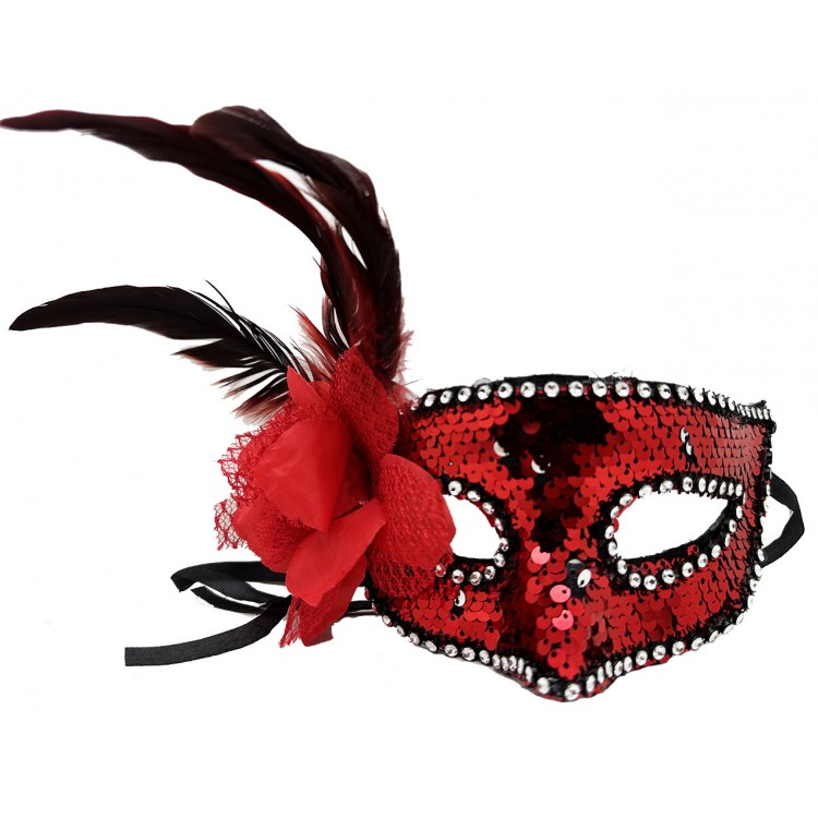 Red Color Side Feather Rose and Silver Stone Sequin Mask 20x22 cm