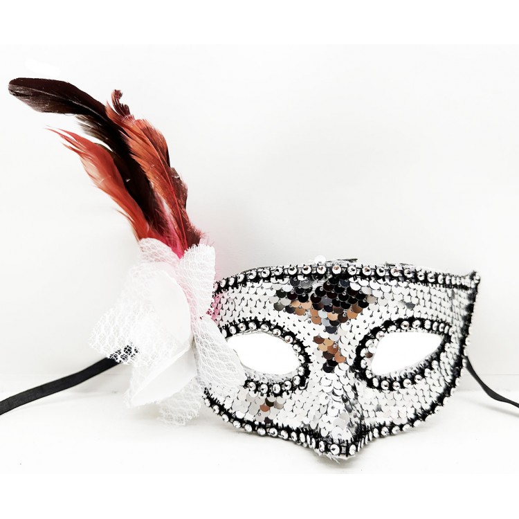 Silver Color Side Feather Rose and Silver Stone Sequin Mask 20x22 cm