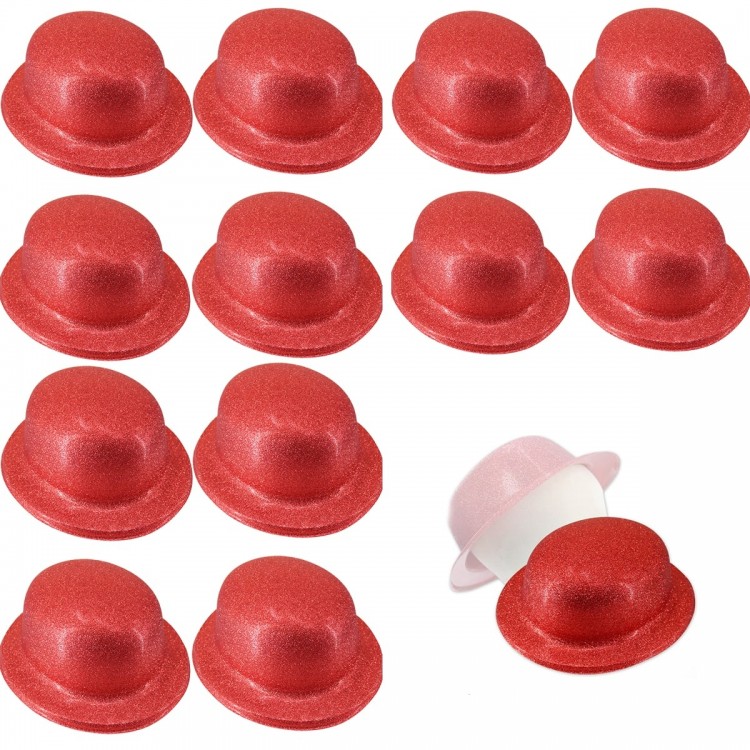 Red Color Glitter Bowler Round Party Hat 12 Pieces