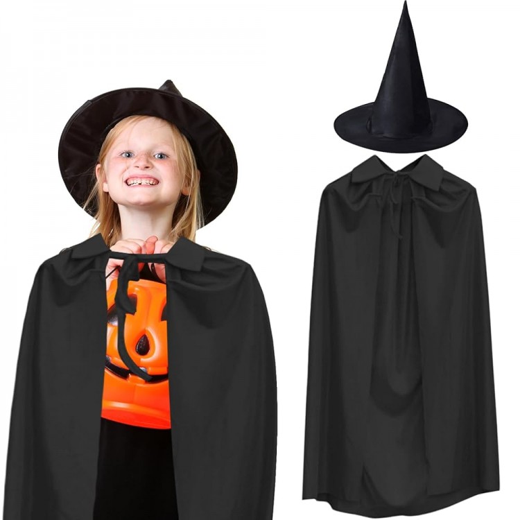 90 cm Black Collar Cloak and Black Witch Hat Costume Set